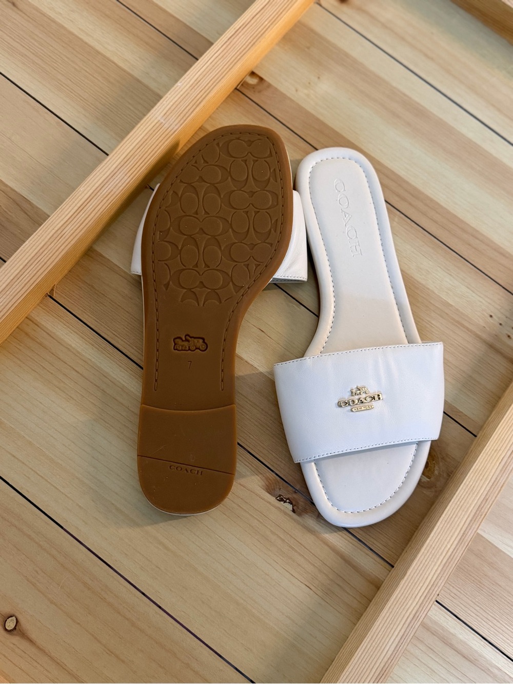 Coach White Leather Slide Sandals with Gold Logo